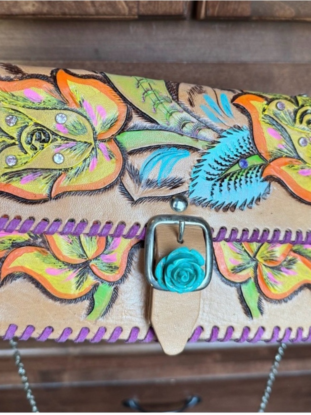 Hand-Painted Floral Leather Crossbody Bag - Turquoise Accent
